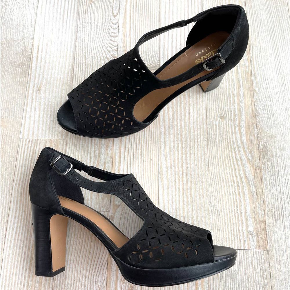 Clarks Jenness Energy Lasercut Nubuck Leather Heeled Sandals Black Size 7.5